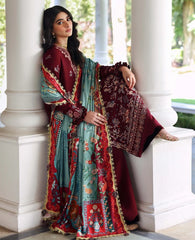 REPUBLIC WOMENSWEAR-3PC DHANAK EMBROIDERED SHIRT WITH COUTRAI PRINTED SHAWL AND TROUSER-W.J-5252
