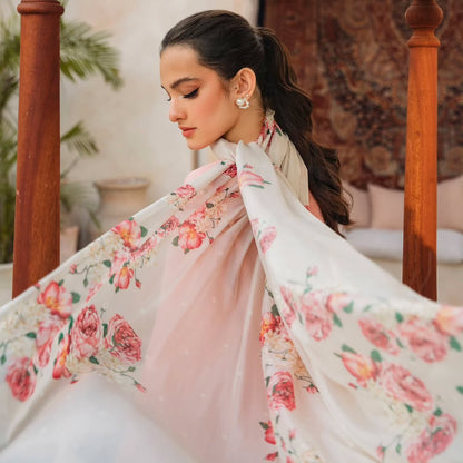 ZIVA - 3PC DHANAK EMBROIDERED SHIRT WITH COUTURE WOOL PTRINTED SHAWL & TROUSER-W.J-1433