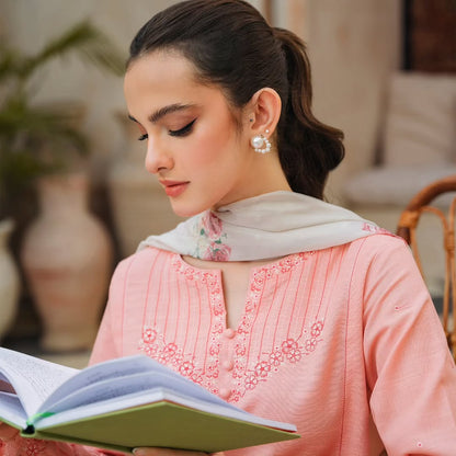 ZIVA - 3PC DHANAK EMBROIDERED SHIRT WITH COUTURE WOOL PTRINTED SHAWL & TROUSER-W.J-1433