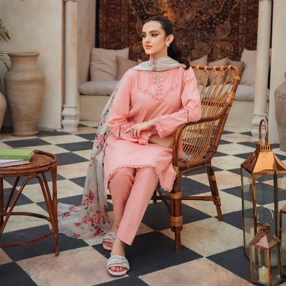 ZIVA - 3PC DHANAK EMBROIDERED SHIRT WITH COUTURE WOOL PTRINTED SHAWL & TROUSER-W.J-1433