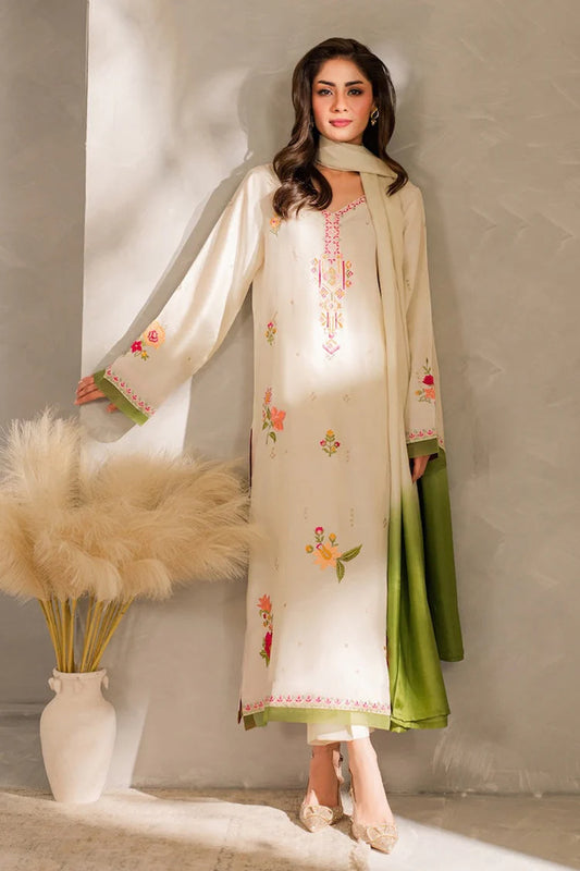 VINTAGE-3PC DHANAK EMBROIDERED SHIRT WITH BAMBER CHIFFON DUPATTA AND TROUSER-W.J-1981