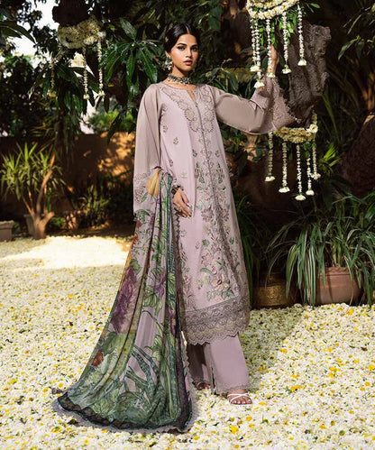 SAPPHIRE-3PC DHANAK EMBROIDERED SHIRT WITH COURTRAI WOOL PRINTED SHAWL AND EMB TROUSER-W.J-1793