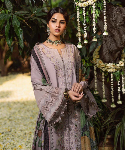 SAPPHIRE-3PC DHANAK EMBROIDERED SHIRT WITH COURTRAI WOOL PRINTED SHAWL AND EMB TROUSER-W.J-1793