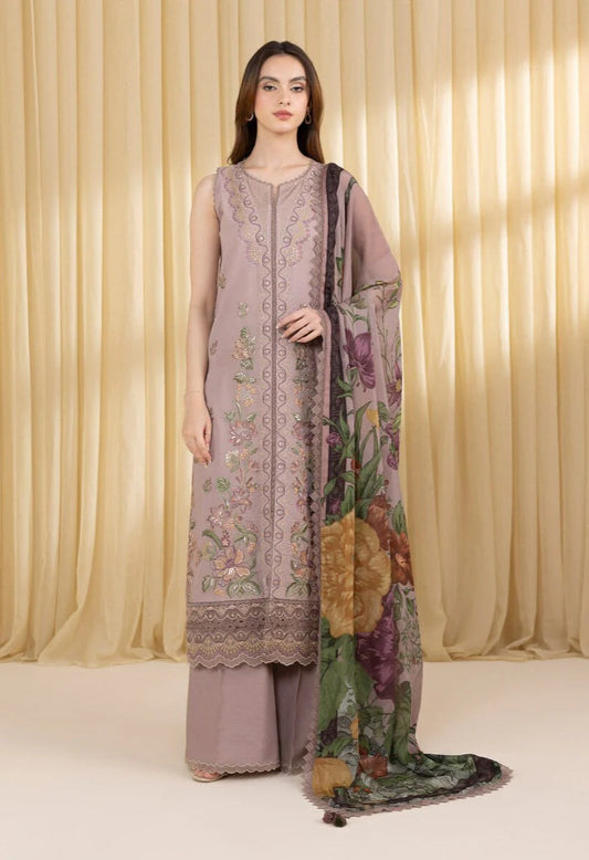 SAPPHIRE-3PC DHANAK EMBROIDERED SHIRT WITH COURTRAI WOOL PRINTED SHAWL AND EMB TROUSER-W.J-1793