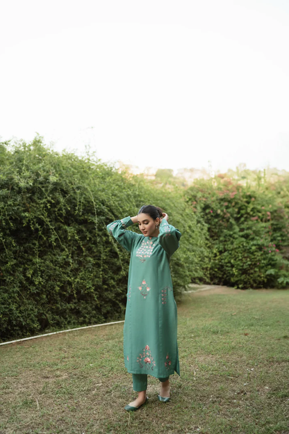 URGE-2PC DHANAK EMBROIDERED SHIRT WITH DHANAK EMBROIDERED SLEEVES-W.J-1337