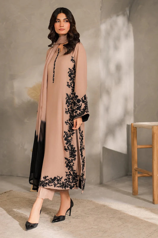 ASIM JOFA-3PC DHANAK EMBROIDERED SHIRT WITH TYE&DYED CHIFFON DUPATTA AND TROUSER-W.J-1979