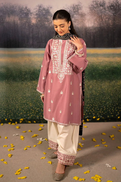 URGE-3PC DHANAK EMBROIDERED SHIRT WITH COUTRAI WOOL PRINTED SHAWL AND EMB TROUSER-W.J-1828
