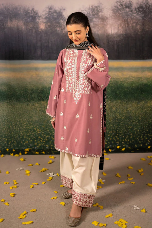 URGE-3PC DHANAK EMBROIDERED SHIRT WITH COUTRAI WOOL PRINTED SHAWL AND EMB TROUSER-W.J-1828