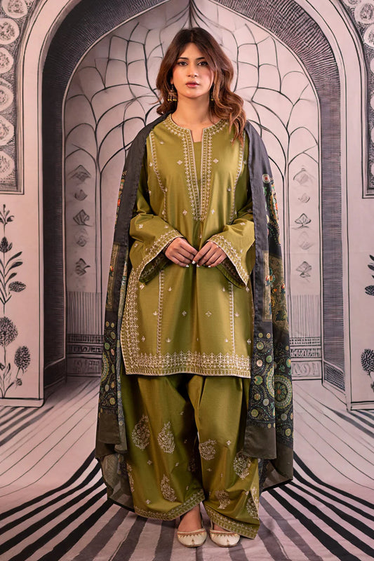 URGE-3PC DHANAK EMBROIDERED SHIRT WITH COUTRAI PRINTED SHAWL & EMB TROUSER-W.J-1803