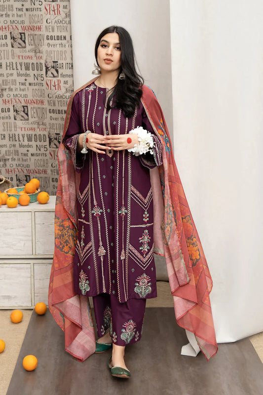 URGE- 3PC DHANAK EMBROIDERED SHIRT WITH COUTURE WOOL PRINT SHAWL AND EMB TROUSER-W.J-1808