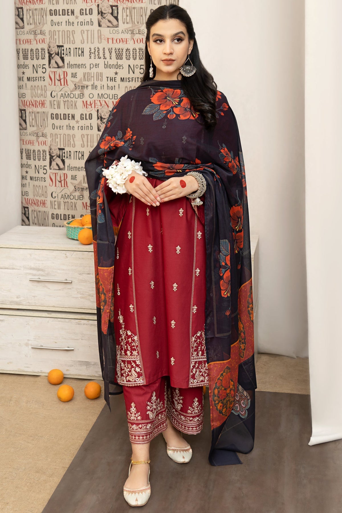 URGE - 3PC DHANAK EMBROIDERED SHIRT WITH MONARK PRINTED DUPATTA AND EMB TROUSER-W.J-1595