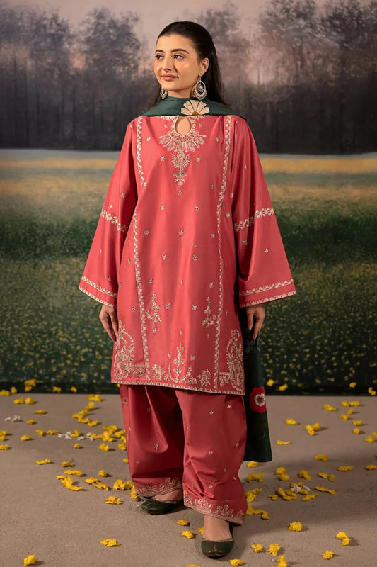 URGE-3PC DHANAK EMBROIDERED SHIRT WITH COURTRAI PRINTED SHAWL AND EMB TROUSER-WJ-1928