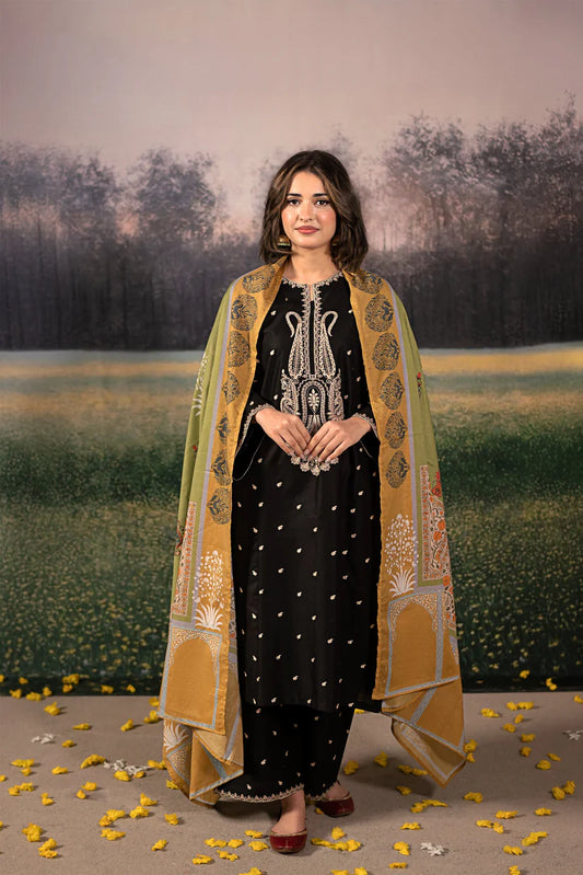 URGE-3PC DHANAK EMBROIDERED SHIRT WITH COUTRAI PRINTED SHAWL & DHANAK EMB TOUSER-W.J-1906