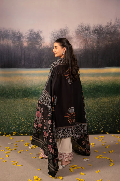 URGE-3PC DHANAK EMBROIDERED SHIRT WITH COUTRAI WOOL PRINTED SHAWL AND EMB TROUSER-W.J-1828