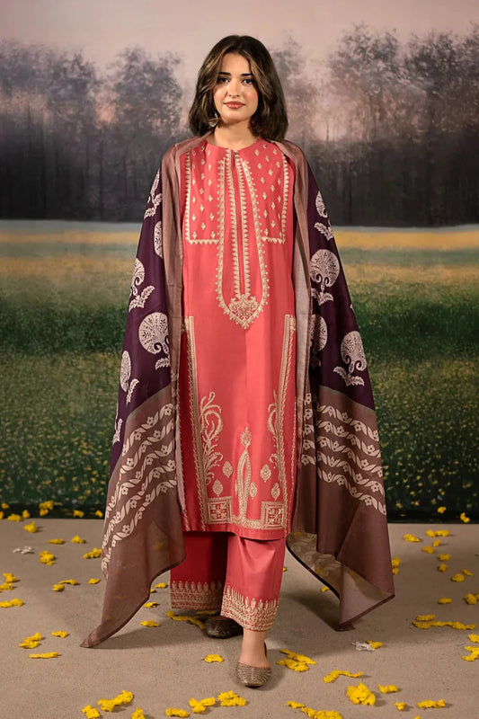 URGE-3PC DHANAK EMBROIDERED SHIRT WITH COURTRAI PRINTED SHAWL AND EMB TROUSER-W.J-1922