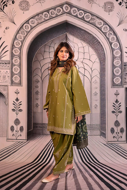 URGE-3PC DHANAK EMBROIDERED SHIRT WITH COUTRAI PRINTED SHAWL & EMB TROUSER-W.J-1803
