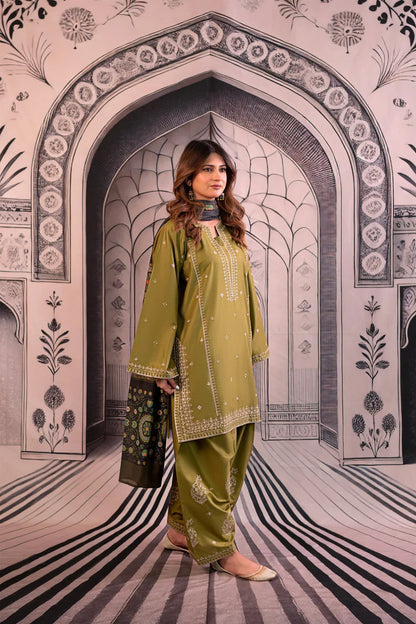 URGE-3PC DHANAK EMBROIDERED SHIRT WITH COUTRAI PRINTED SHAWL & EMB TROUSER-W.J-1803