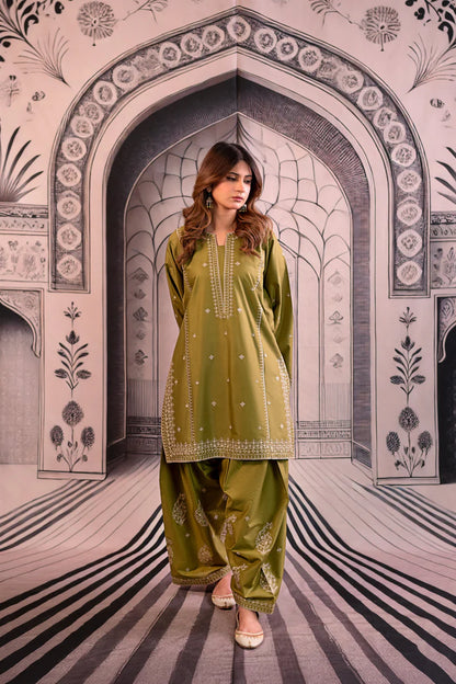 URGE-3PC DHANAK EMBROIDERED SHIRT WITH COUTRAI PRINTED SHAWL & EMB TROUSER-W.J-1803