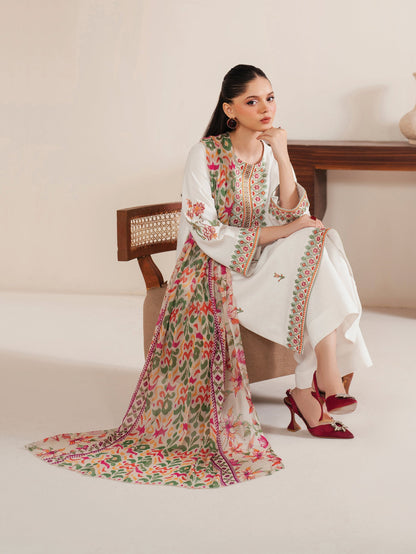 GARNET-3PC LAWN EMBROIDERED SHIRT WITH MONARK PRINT DUPATTA & LAWN TROUSER-W.J-1515