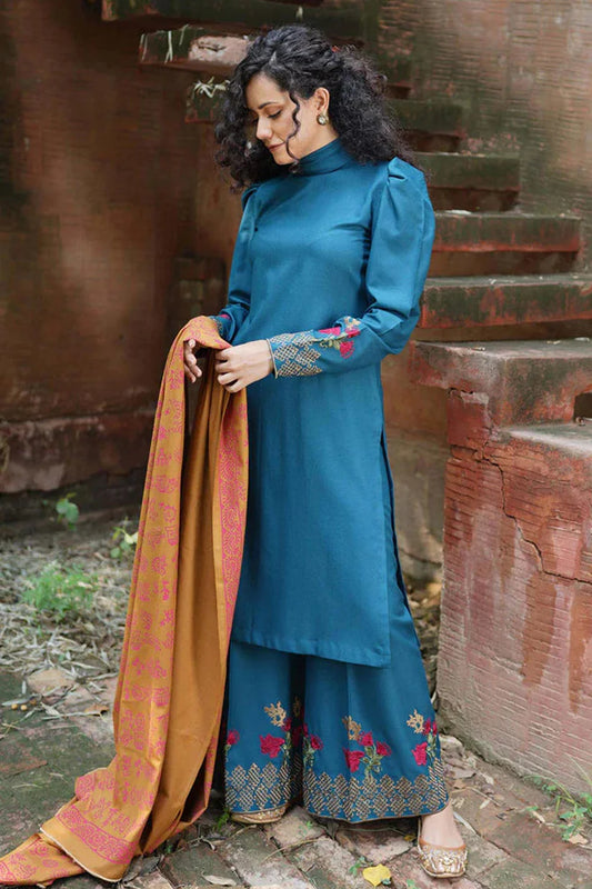 MARIA B - 3PC DHANAK EMBROIDERED SHIRT WITH WOOL PRINTED SHAWL AND TROUSER-W.J-1175