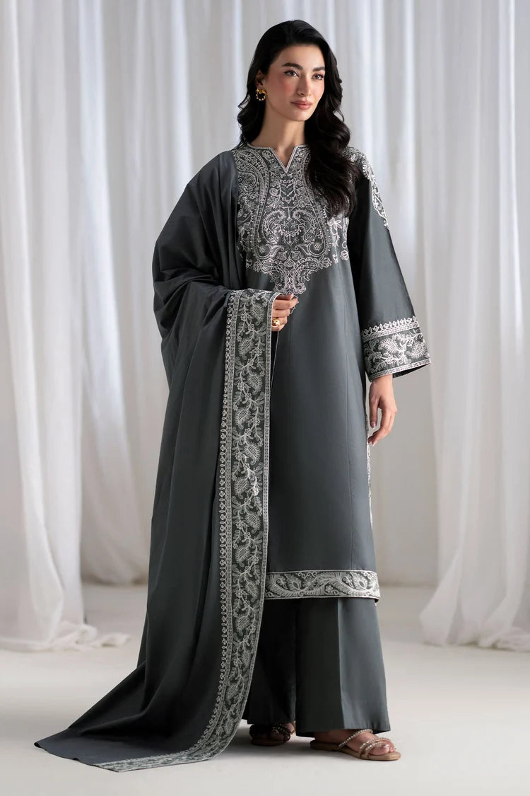 CROSS STITCH-3PC DHANAK EMBROIDERED SHIRT WITH DHANAK EMBROIDERED SHAWL AND TROUSER-W.J-5286