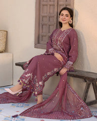 JADE-3PC DHANAK SEQUINS EMBROIDERED SHIRT WITH DHANAK EMBROIDERED SHAWL AND TROUSER-W.J-5051