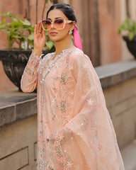 QALAMQAR-3PC LAWN CHIKAN EMBROIDERED SHIRT WITH KHADDI NET EMB DUPATTA AND TROUSER-W.J-4718