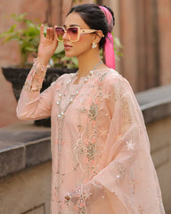QALAMQAR-3PC LAWN CHIKAN EMBROIDERED SHIRT WITH KHADDI NET EMB DUPATTA AND TROUSER-W.J-4718