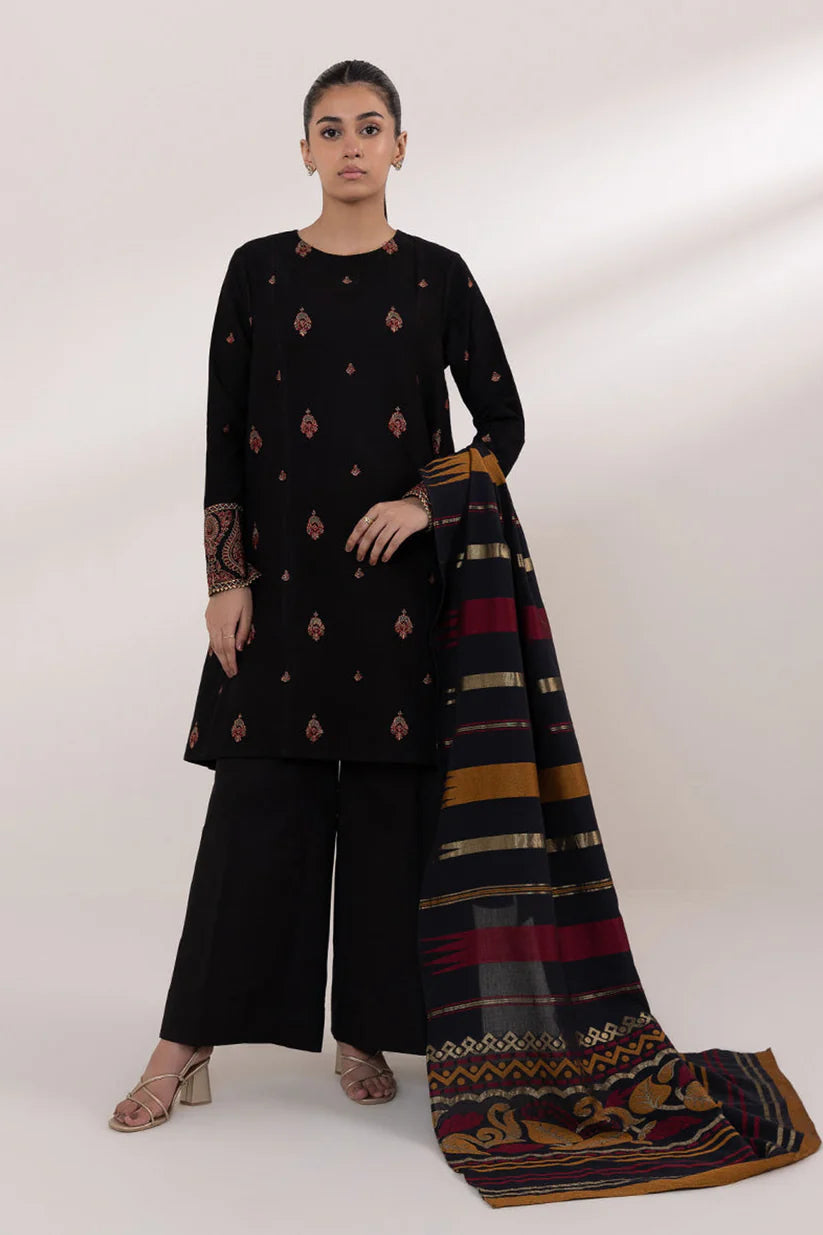 SAPPHIRE-3PC DHANAK EMBROIDERED SHIRT WITH WOOL PRINTED SHAWL AND TROUSER-W.J-5053