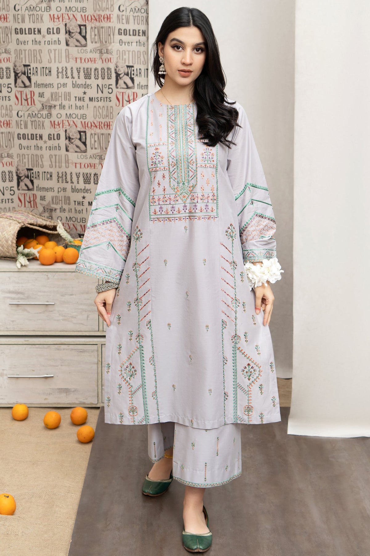URGE - 3PC DHANAK EMBROIDERED SHIRT WITH COUTUTRE PRINTED SHAWL & EMB TROUSER-W.J-1084