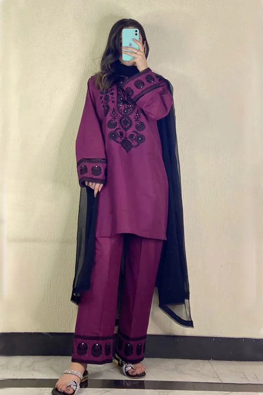 WEARJORA-3PC DHANAK EMBROIDERED SHIRT WITH CHIFFON DUPATTA AND EMB TROUSER-WJ-1927