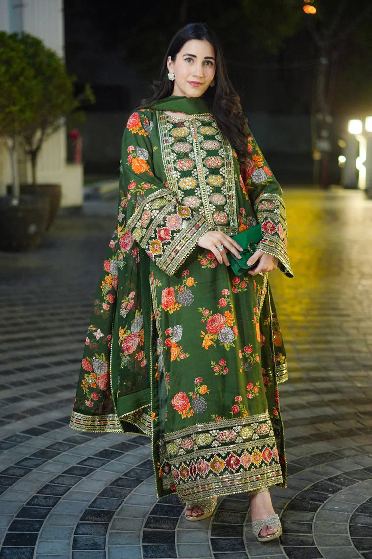 BAROQUE-3PC SHAMOZE SILK PRINTED EMBROIDERED SHIRT WITH SOFT SILK PRINTED EMB DUPATTA & PRINTED TROUSER W.J-9006