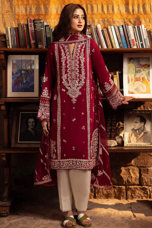 ZAHA- 3PC DHANAK EMBROIDERED SHIRT WITH BAMBER CHIFFON EMBROIDRED DUPATTA-W.J-1050