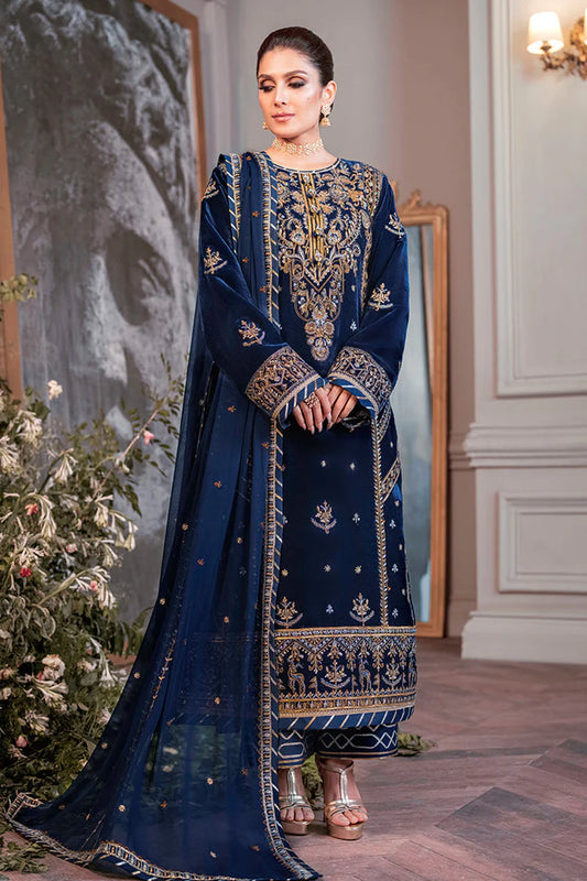 ASIM JOFA-3PC VELVET EMBROIDERED SHIRT WITH CHIFFON EMBROIDERED DUPATTA & TROUSER-W.J-2029