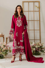 VINTAGE-3PC DHANAK EMBROIDERED SHIRT WITH DHANAK SHAWL AND TROUSER-W.J-4296
