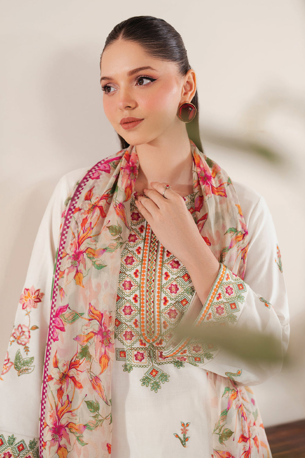 GARNET-3PC LAWN EMBROIDERED SHIRT WITH MONARK PRINT DUPATTA & LAWN TROUSER-W.J-1515