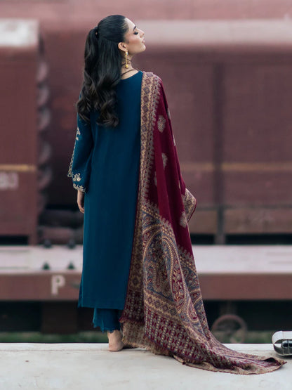 IZEL-3PC DHANAK EMBROIDERED SHIRT WITH COURTRAI PRINTED SHAWL & TROUSER-WJ-1936
