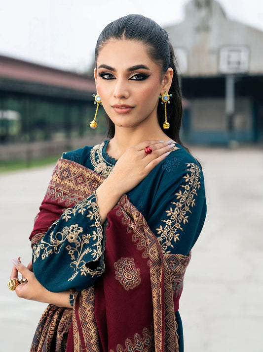 IZEL-3PC DHANAK EMBROIDERED SHIRT WITH COURTRAI PRINTED SHAWL & TROUSER-WJ-1936