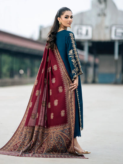 IZEL-3PC DHANAK EMBROIDERED SHIRT WITH COURTRAI PRINTED SHAWL & TROUSER-WJ-1936