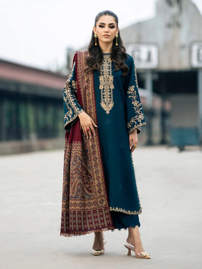 IZEL-3PC DHANAK EMBROIDERED SHIRT WITH COURTRAI PRINTED SHAWL & TROUSER-WJ-1936