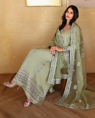 MUSHQ-3PC-RAW SILK HAND EMB EMBELLISHED SHIRT WITH SOFT SILK EMB DUPATTA AND RAW SILK TROUSER-W.J-5152