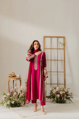 VINTAGE-3PC DHANAK EMBROIDERED SHIRT WITH DHANAK SHAWL AND TROUSER-W.J-4290