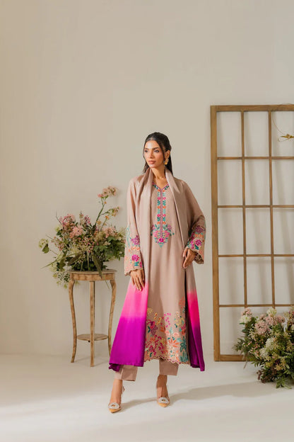 VINTAGE-3PC DHANAK EMBROIDERED SHIRT WITH TYE & DYE CHIFFON DUPATTA AND TROUSER-W.J-1995