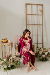 VINTAGE-3PC DHANAK EMBROIDERED SHIRT WITH DHANAK SHAWL AND TROUSER-W.J-4290