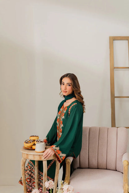 VINTAGE-3PC DHANAK EMBROIDERED SHIRT WITH BAMBER CHIFFON DUPATTA & TROUSER-W.J-1920