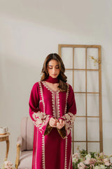 VINTAGE-3PC DHANAK EMBROIDERED SHIRT WITH DHANAK SHAWL AND TROUSER-W.J-4290