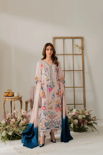 VINTAGE-3PC DHANAK EMBROIDERED SHIRT WITH TYE & DYE CHIFFON DUPATTA AND TROUSER-W.J-2018