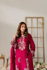 VINTAGE-3PC DHANAK EMBROIDERED SHIRT WITH DHANAK SHAWL AND TROUSER-W.J-4296
