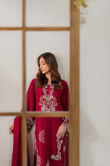 VINTAGE-3PC DHANAK EMBROIDERED SHIRT WITH DHANAK SHAWL AND TROUSER-W.J-4296