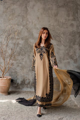 VINTAGE-3PC DHANAK EMBROIDERED SHIRT WITH CHIFFON TYE&DYE DUPATTA AND TROUSER-W.J-5287